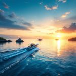 Un bateau glissant entre de petites îles dans un golfe calme au coucher du soleil, lumière dorée et tons bleus profonds, eaux lisses reflétant le ciel orangé, silhouettes rocheuses à l'arrière-plan.