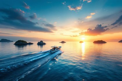 Un bateau glissant entre de petites îles dans un golfe calme au coucher du soleil, lumière dorée et tons bleus profonds, eaux lisses reflétant le ciel orangé, silhouettes rocheuses à l'arrière-plan.