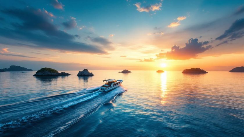 Un bateau glissant entre de petites îles dans un golfe calme au coucher du soleil, lumière dorée et tons bleus profonds, eaux lisses reflétant le ciel orangé, silhouettes rocheuses à l'arrière-plan.