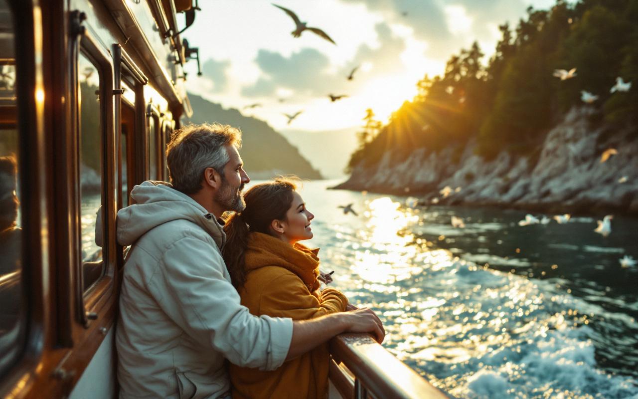 Un couple sur un bateau touristique observe des oiseaux marins près de rives boisées au coucher du soleil, lumière dorée volumétrique, eau brillante et paysage côtier vert.