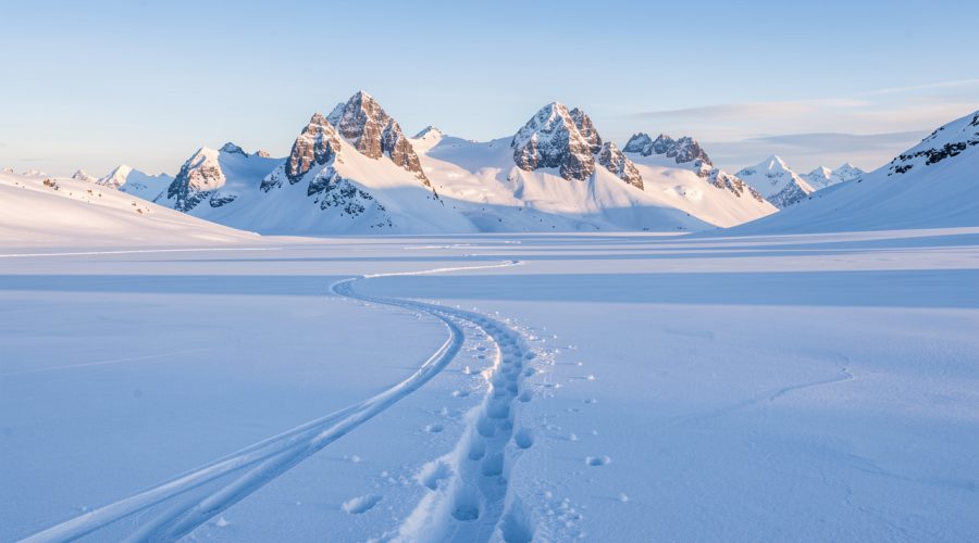 Vue hivernale du plateau enneigé de Solaison, avec des traces de raquettes et les sommets du Bargy en arrière-plan sous une douce lumière matinale.