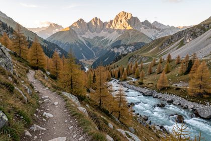Vue panoramique de la vallée du Vénéon depuis Saint-Christophe-en-Oisans, avec un sentier de randonnée, des mélèzes, un torrent et les sommets des Écrins baignés par la lumière matinale.