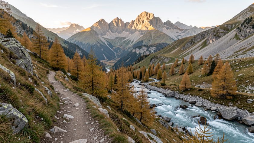 Vue panoramique de la vallée du Vénéon depuis Saint-Christophe-en-Oisans, avec un sentier de randonnée, des mélèzes, un torrent et les sommets des Écrins baignés par la lumière matinale.