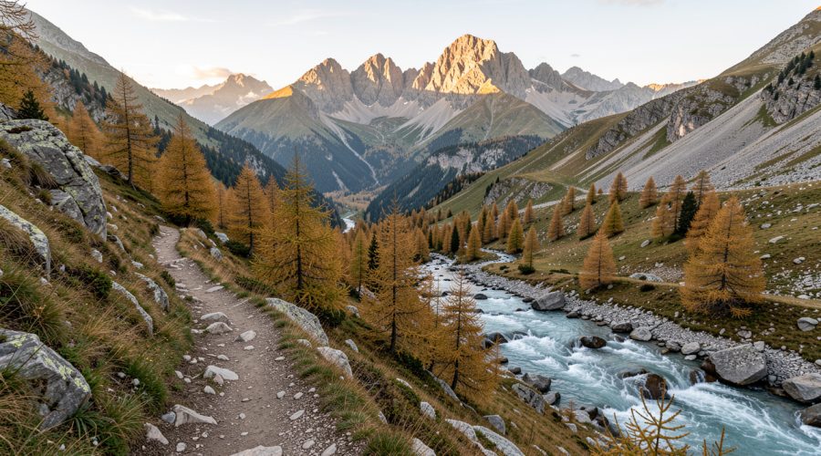 Vue panoramique de la vallée du Vénéon depuis Saint-Christophe-en-Oisans, avec un sentier de randonnée, des mélèzes, un torrent et les sommets des Écrins baignés par la lumière matinale.