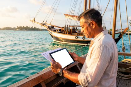 Goélette au mouillage dans les eaux turquoise de Zanzibar, avec un skipper consultant une tablette pendant la préparation d’une croisière.