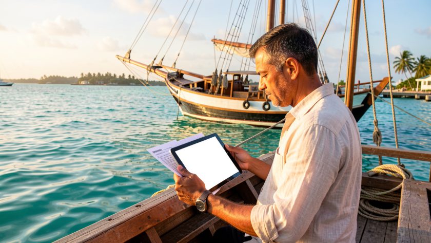 Goélette au mouillage dans les eaux turquoise de Zanzibar, avec un skipper consultant une tablette pendant la préparation d’une croisière.