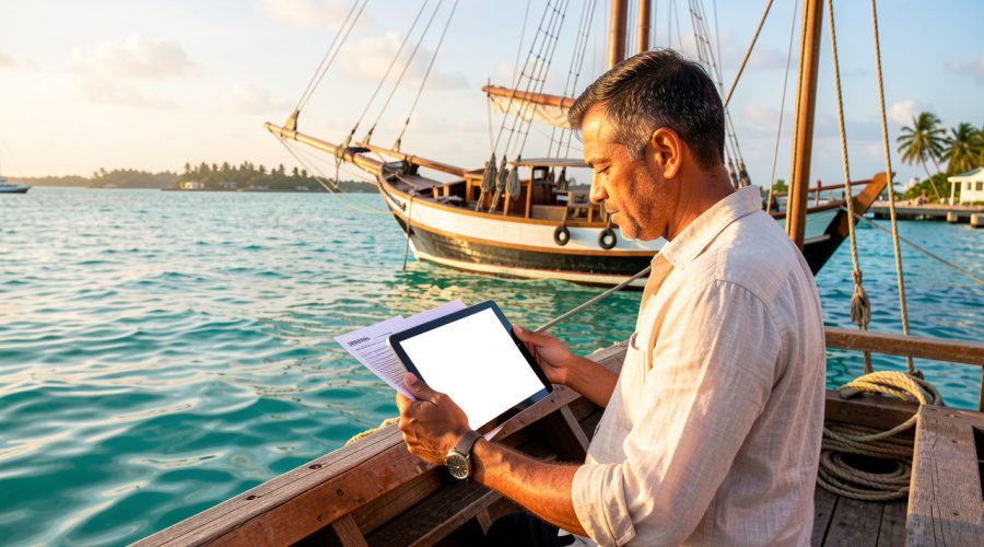 Goélette au mouillage dans les eaux turquoise de Zanzibar, avec un skipper consultant une tablette pendant la préparation d’une croisière.