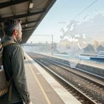 Un homme voyageur portant un sac à dos se tient sur un quai ferroviaire européen, avec une carte non légendée de l’Eurasie et la silhouette d’un ferry vers le Japon dans une lumière matinale réaliste.