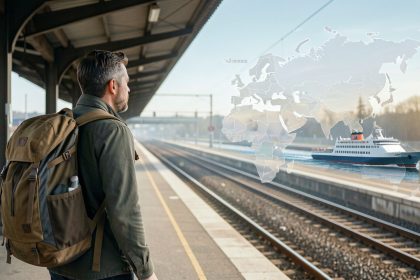 Un homme voyageur portant un sac à dos se tient sur un quai ferroviaire européen, avec une carte non légendée de l’Eurasie et la silhouette d’un ferry vers le Japon dans une lumière matinale réaliste.