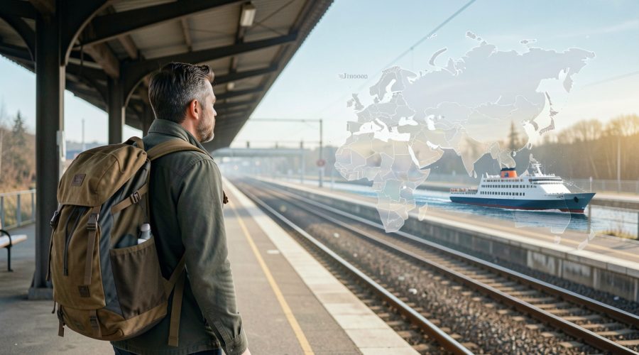 Un homme voyageur portant un sac à dos se tient sur un quai ferroviaire européen, avec une carte non légendée de l’Eurasie et la silhouette d’un ferry vers le Japon dans une lumière matinale réaliste.