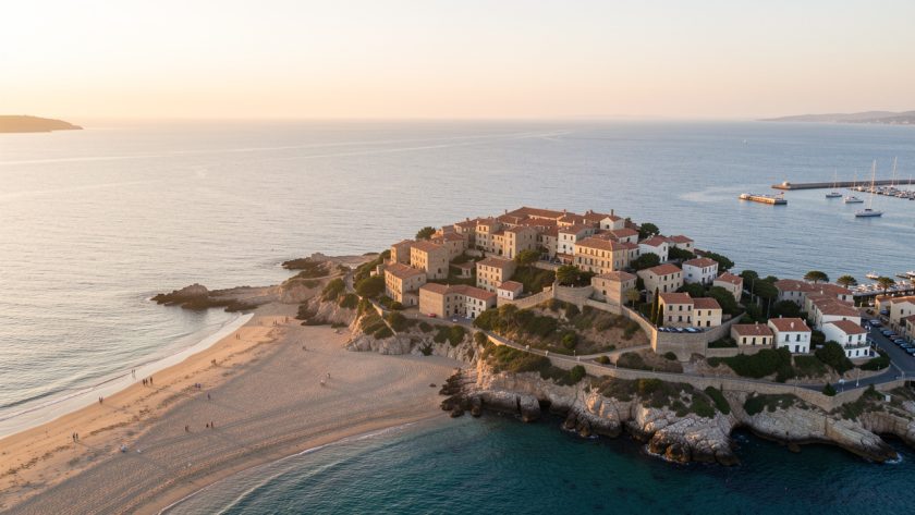Vue aérienne réaliste de Fos-sur-Mer au lever du soleil, avec une plage de sable, un vieux village sur une légère hauteur et la mer Méditerranée baignée de lumière provençale.