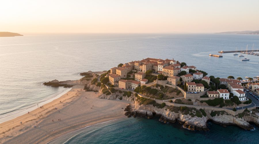 Vue aérienne réaliste de Fos-sur-Mer au lever du soleil, avec une plage de sable, un vieux village sur une légère hauteur et la mer Méditerranée baignée de lumière provençale.
