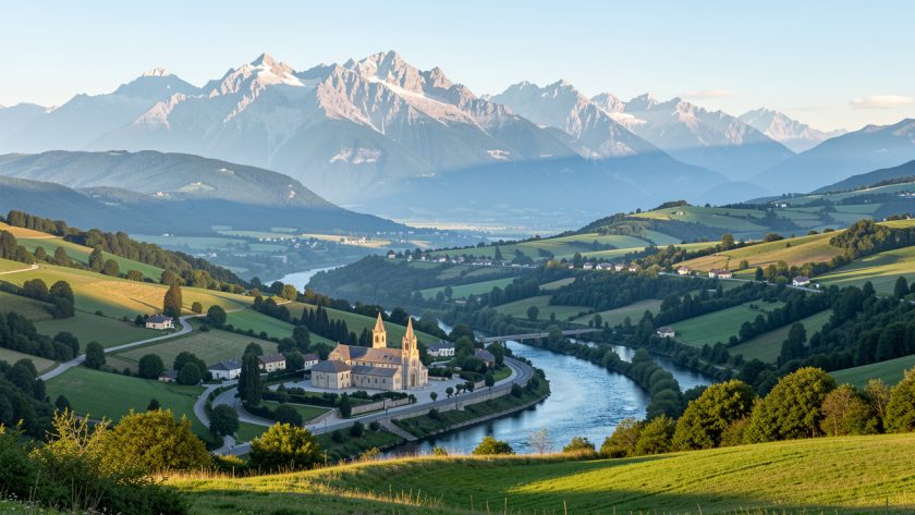Vue panoramique lumineuse de Lourdes depuis les hauteurs, avec le sanctuaire Notre-Dame de Lourdes, le Gave de Pau et les montagnes pyrénéennes en arrière-plan.
