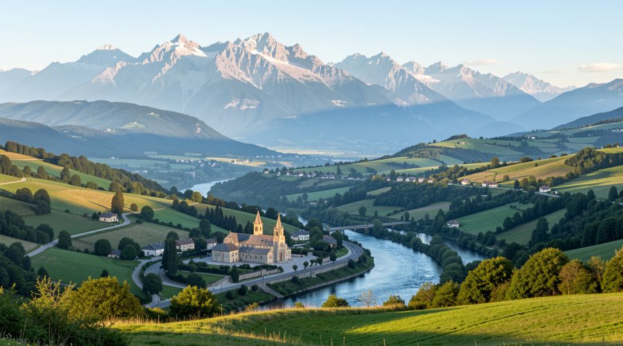 Vue panoramique lumineuse de Lourdes depuis les hauteurs, avec le sanctuaire Notre-Dame de Lourdes, le Gave de Pau et les montagnes pyrénéennes en arrière-plan.
