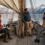 Goélette à voile au mouillage dans un fjord, avec trois voyageurs sur le pont et des montagnes enneigées en arrière-plan sous une douce lumière de fin d’été.