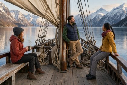 Goélette à voile au mouillage dans un fjord, avec trois voyageurs sur le pont et des montagnes enneigées en arrière-plan sous une douce lumière de fin d’été.