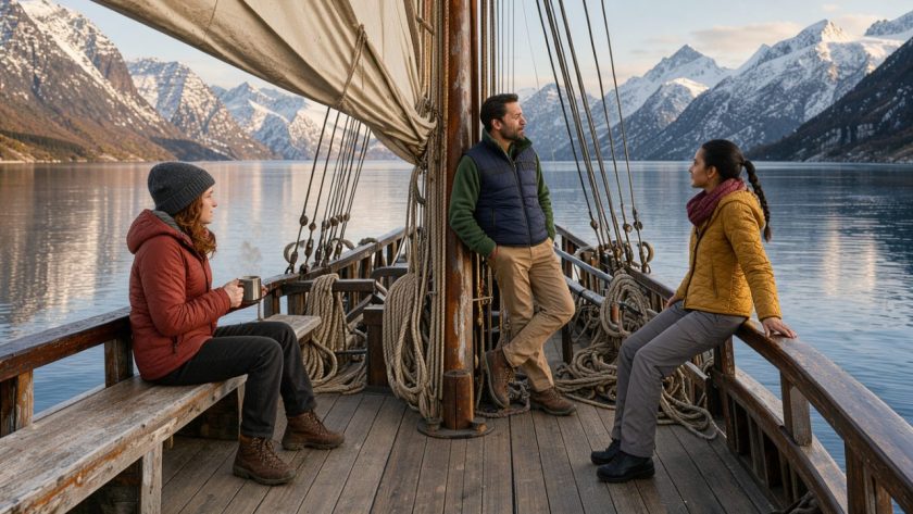 Goélette à voile au mouillage dans un fjord, avec trois voyageurs sur le pont et des montagnes enneigées en arrière-plan sous une douce lumière de fin d’été.
