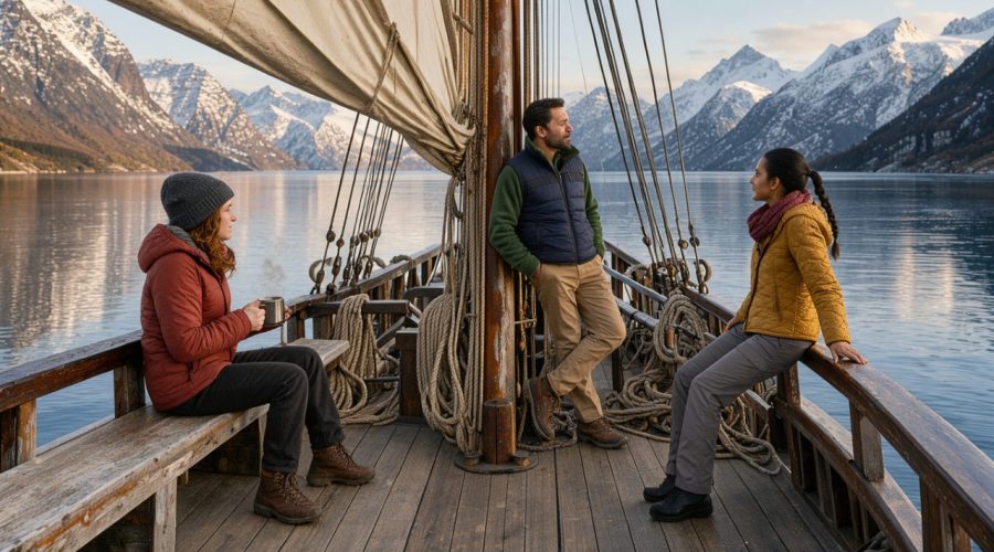Goélette à voile au mouillage dans un fjord, avec trois voyageurs sur le pont et des montagnes enneigées en arrière-plan sous une douce lumière de fin d’été.