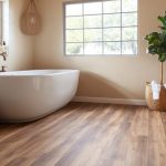 Salle de bains avec un parquet pont de bateau en bois et des joints noirs