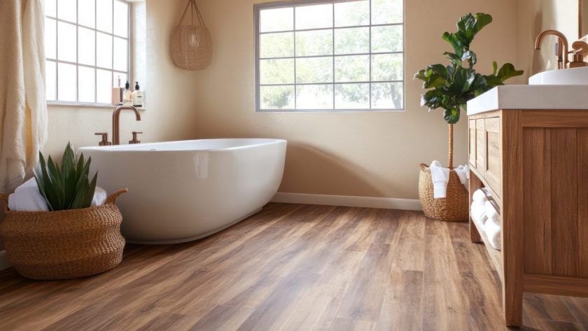 Salle de bains avec un parquet pont de bateau en bois et des joints noirs