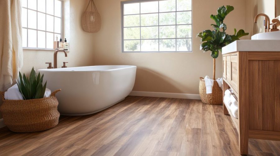 Salle de bains avec un parquet pont de bateau en bois et des joints noirs