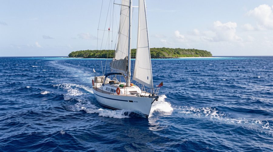 Voilier hauturier naviguant sur une mer bleu profond du Pacifique Est vers un atoll tropical isolé, dans une ambiance réaliste de préparation d’expédition.