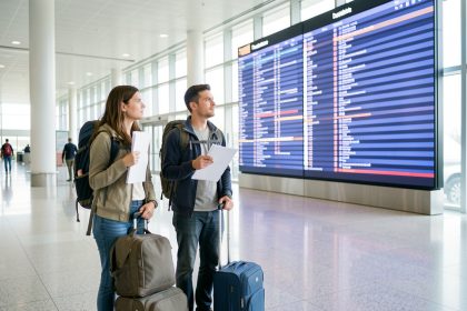 Trois voyageurs avec des bagages souples et des documents de croisière à voile devant un panneau lumineux dans un aéroport moderne.