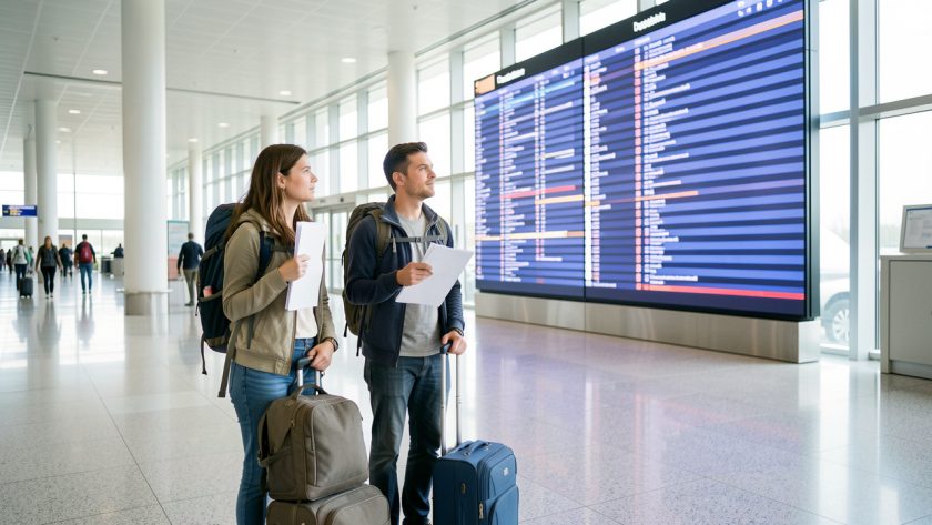 Trois voyageurs avec des bagages souples et des documents de croisière à voile devant un panneau lumineux dans un aéroport moderne.