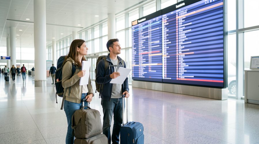 Trois voyageurs avec des bagages souples et des documents de croisière à voile devant un panneau lumineux dans un aéroport moderne.